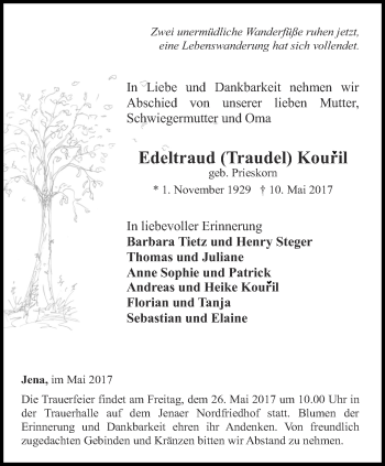 Traueranzeige von Edeltraud Kouril von Ostthüringer Zeitung, Thüringische Landeszeitung