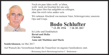 Traueranzeige von Bodo Schlufter von Thüringer Allgemeine