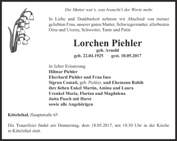 Traueranzeige von Lorchen Piehler von Thüringer Allgemeine, Thüringische Landeszeitung