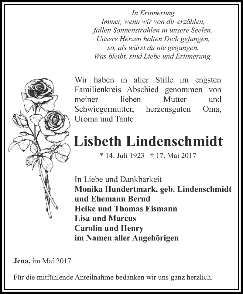 Traueranzeigen Von Lisbeth Lindenschmidt Trauer In Thueringen De