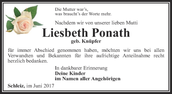 Traueranzeige von Liesbeth Ponath von Ostthüringer Zeitung