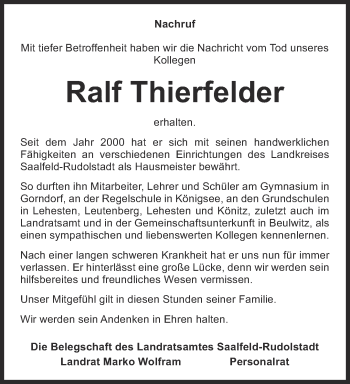 Traueranzeige von Ralf Thierfelder von Ostthüringer Zeitung