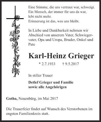 Traueranzeige von Karl-Heinz Grieger von Ostthüringer Zeitung, Thüringische Landeszeitung