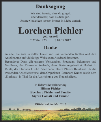 Traueranzeige von Lorchen Piehler von Thüringer Allgemeine, Thüringische Landeszeitung