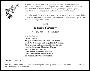 Traueranzeigen Von Klaus Grimm Trauer In Thueringen De