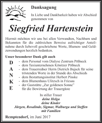 Traueranzeige von Siegfried Hartenstein von Ostthüringer Zeitung