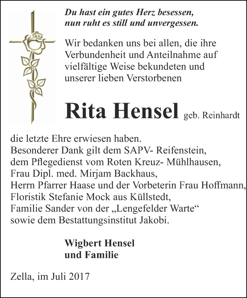 Traueranzeigen Von Rita Hensel Trauer In Thueringen De