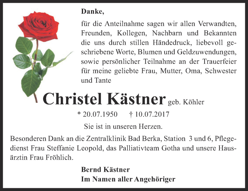 Traueranzeigen von Christel Kästner trauer in thueringen de