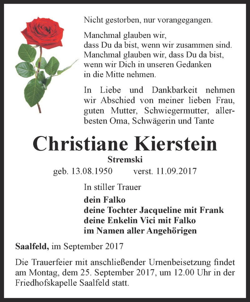 Traueranzeigen Von Christiane Kierstein Trauer In Thueringen De