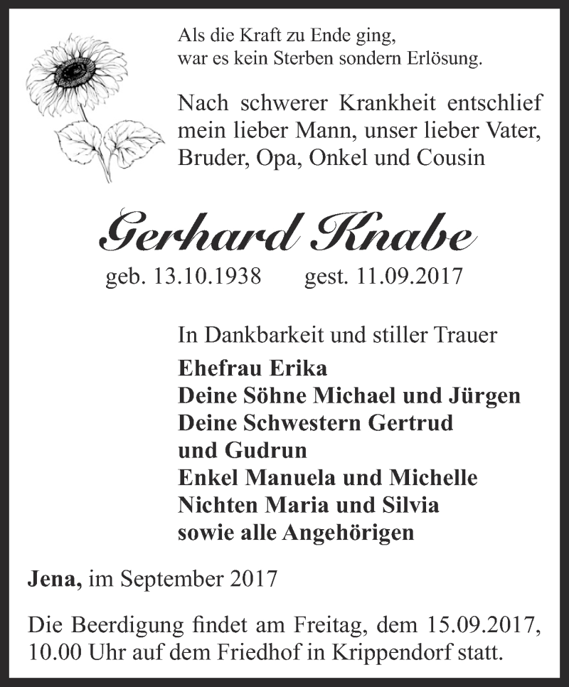 Traueranzeigen Von Gerhard Knabe Trauer In Thueringen De