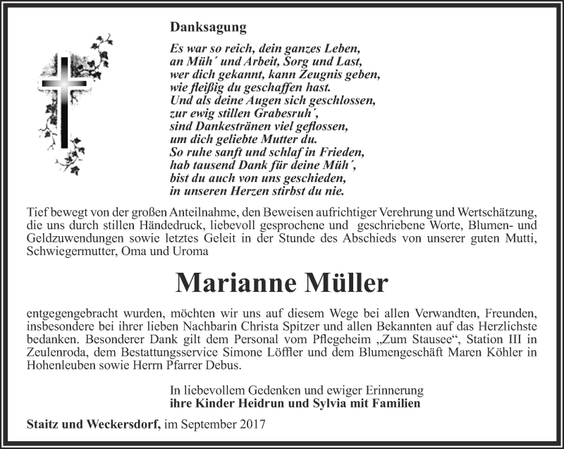 Traueranzeigen Von Marianne M Ller Trauer In Thueringen De