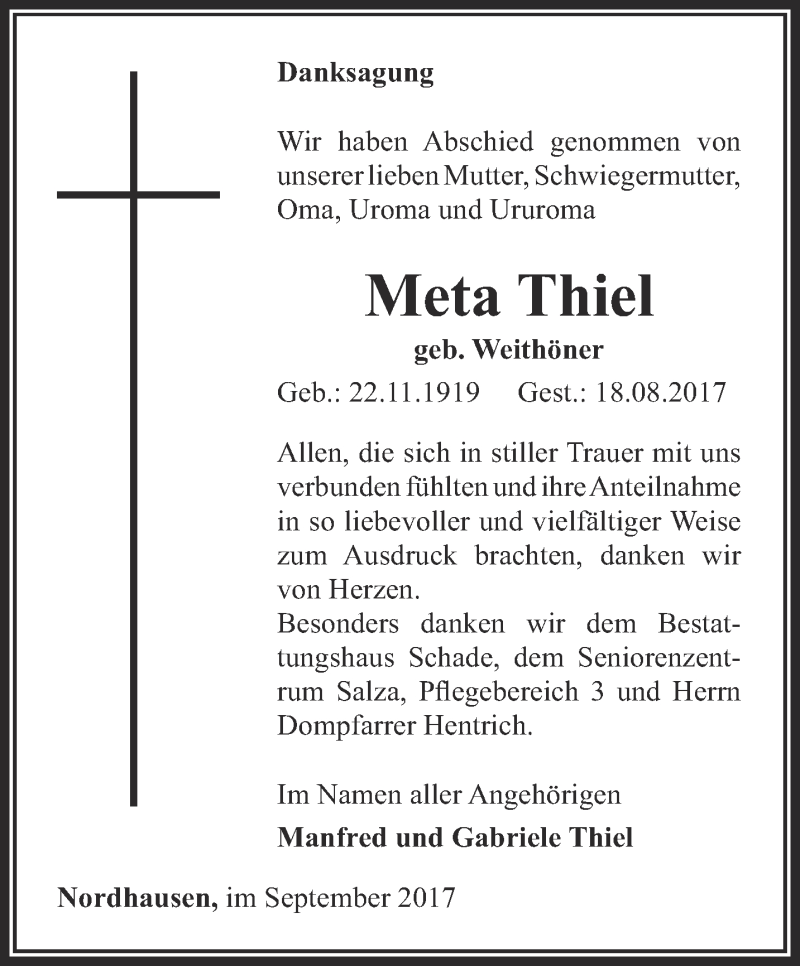 Traueranzeigen Von Meta Thiel Trauer In Thueringen De