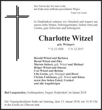 Traueranzeigen Von Charlotte Witzel Trauer In Thueringen De