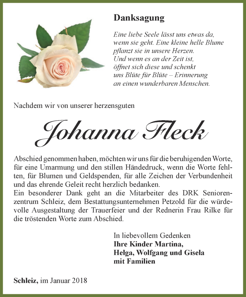 Traueranzeigen Von Johanna Fleck Trauer In Thueringen De