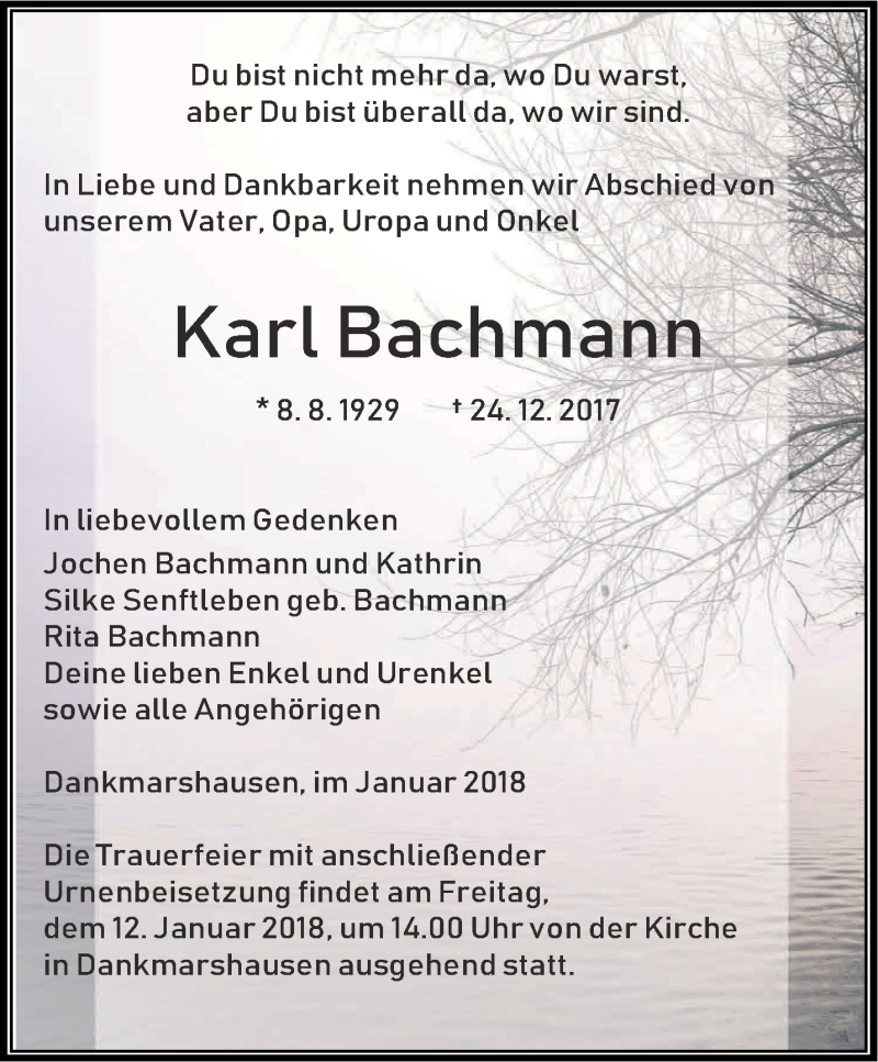 Traueranzeigen Von Karl Bachmann Trauer In Thueringen De