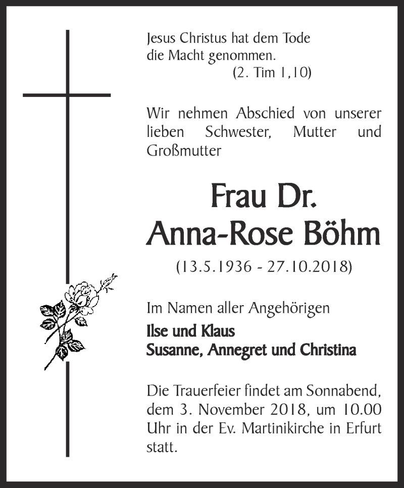 Traueranzeigen Von Anna Rose B Hm Trauer In Thueringen De