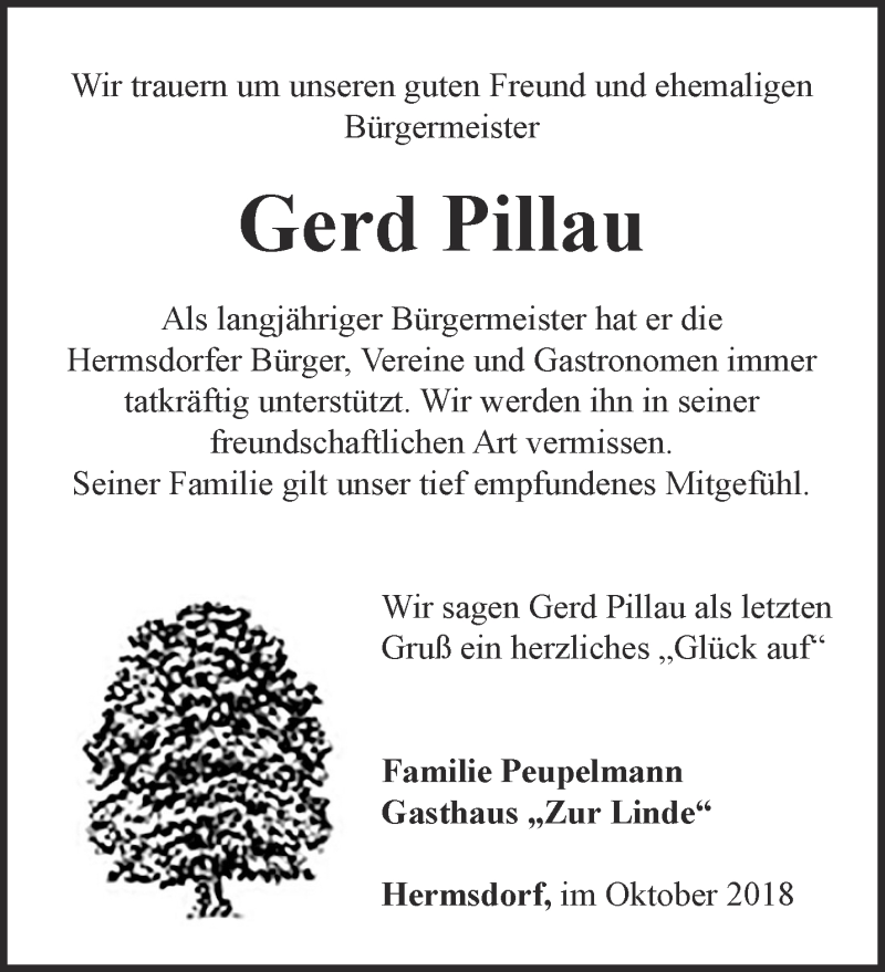  Traueranzeige für Gerd Pillau vom 13.10.2018 aus Ostthüringer Zeitung