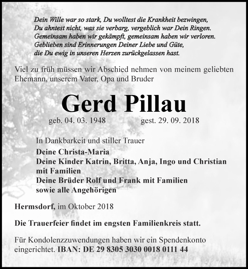  Traueranzeige für Gerd Pillau vom 06.10.2018 aus Ostthüringer Zeitung