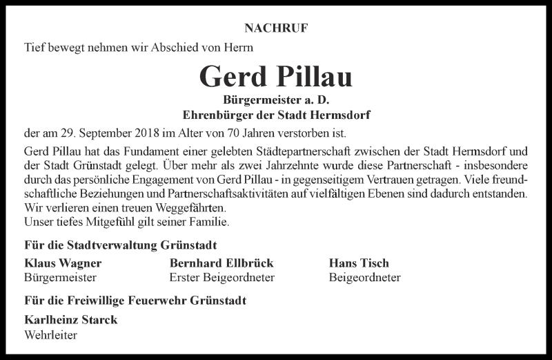  Traueranzeige für Gerd Pillau vom 11.10.2018 aus Ostthüringer Zeitung