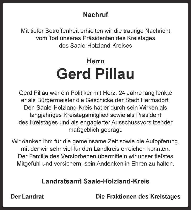  Traueranzeige für Gerd Pillau vom 13.10.2018 aus Ostthüringer Zeitung, Thüringische Landeszeitung
