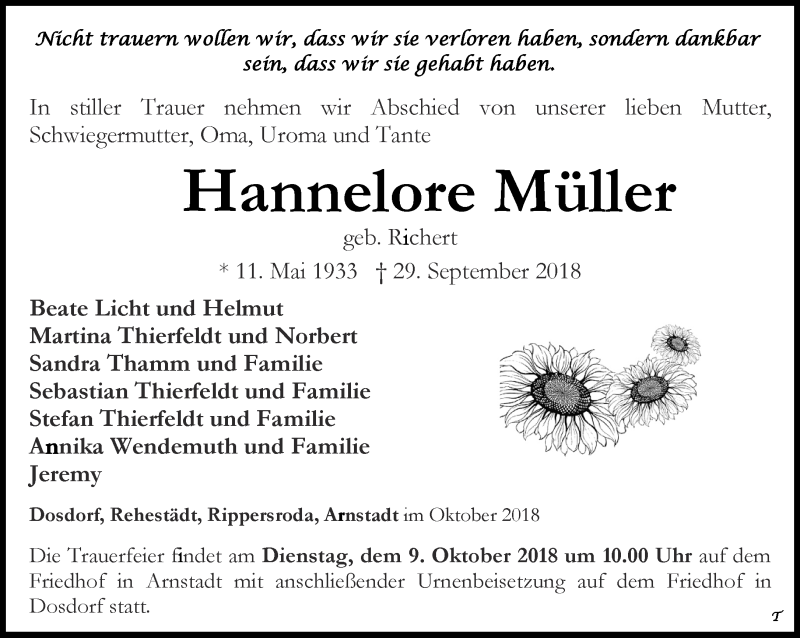 Traueranzeigen von Hannelore Müller trauer in thueringen de