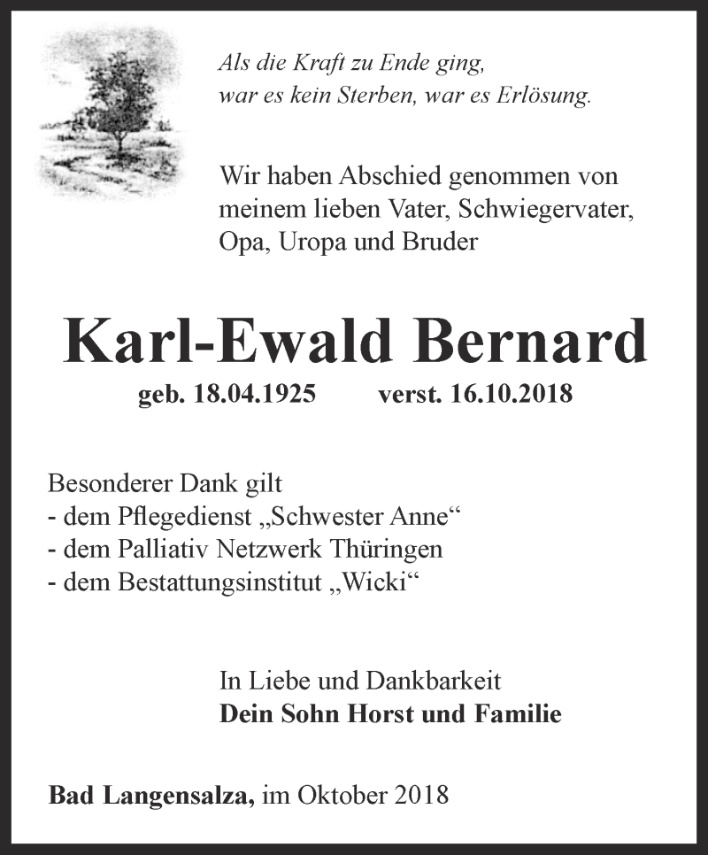 Traueranzeigen Von Karl Ewald Bernard Trauer In Thueringen De