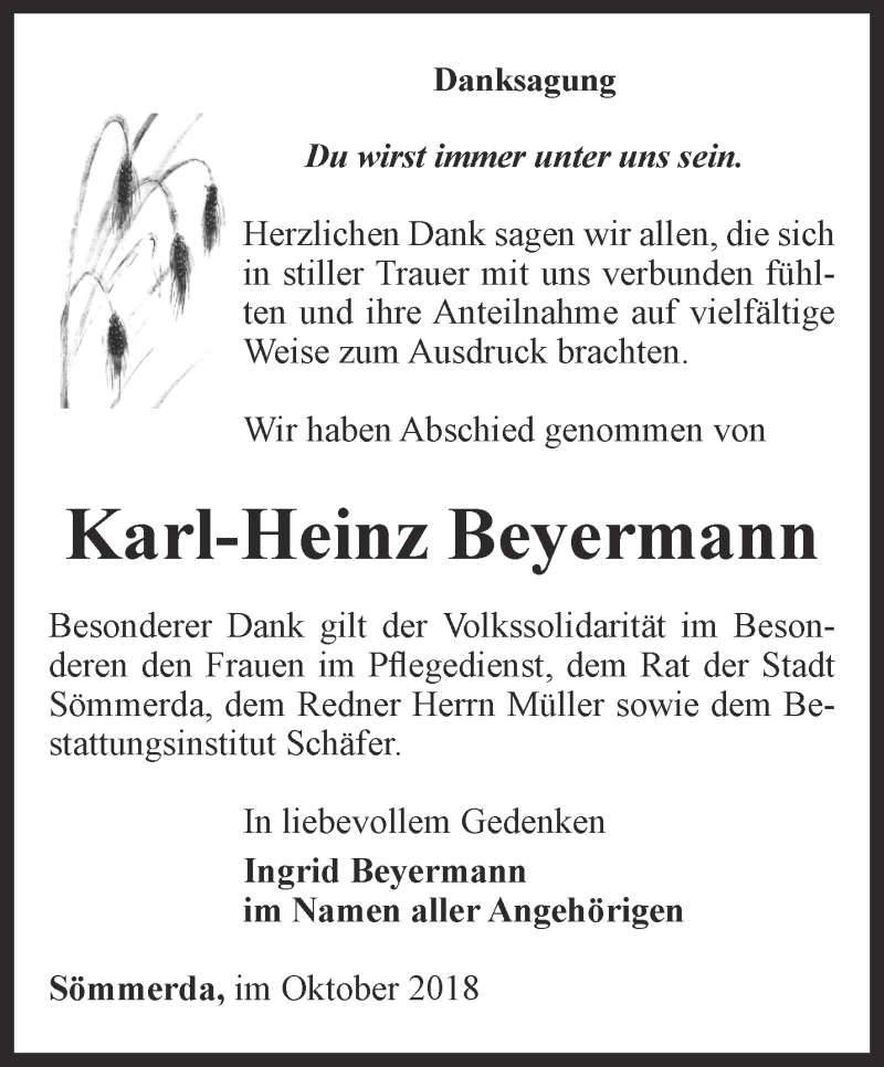 Traueranzeigen Von Karl Heinz Beyermann Trauer In Thueringen De