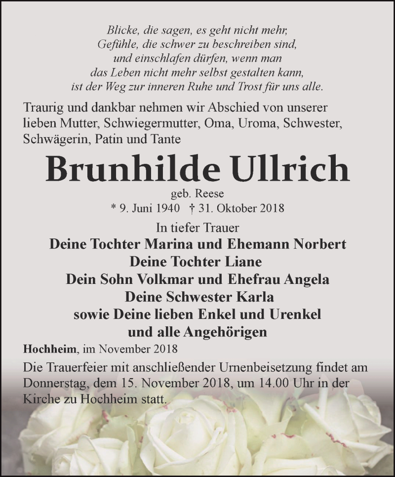 Traueranzeigen Von Brunhilde Ullrich Trauer In Thueringen De