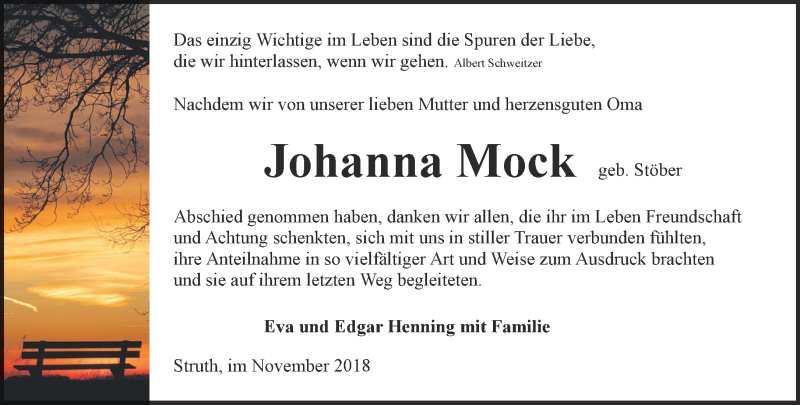 Traueranzeigen Von Johanna Mock Trauer In Thueringen De