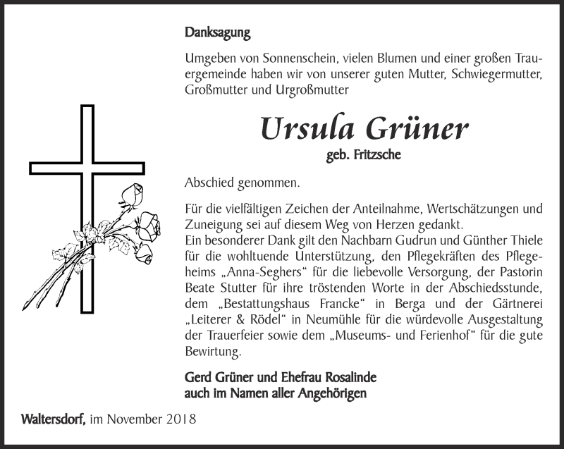 Traueranzeigen von Ursula Grüner trauer in thueringen de