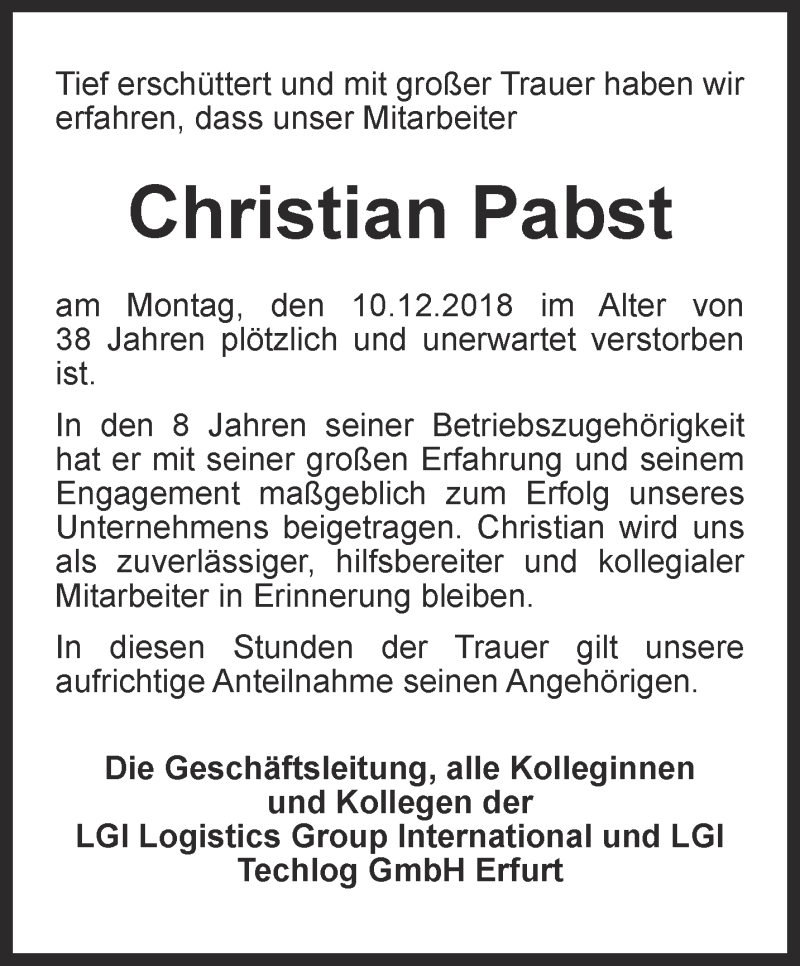 Traueranzeigen Von Christian Pabst Trauer In Thueringen De