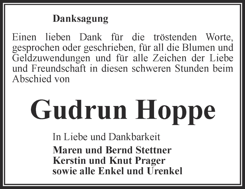 Traueranzeigen Von Gudrun Hoppe Trauer In Thueringen De