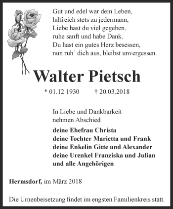 Traueranzeigen Von Walter Pietsch Trauer In Thueringen De