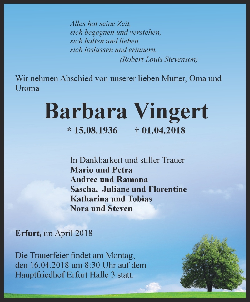 Traueranzeigen Von Barbara Vingert Trauer In Thueringen De