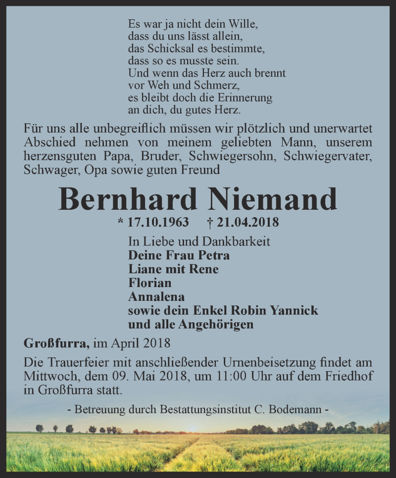 Traueranzeigen Von Bernhard Niemand Trauer In Thueringen De