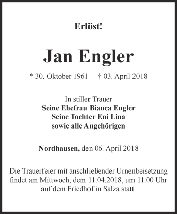 Traueranzeigen Von Jan Engler Trauer In Thueringen De