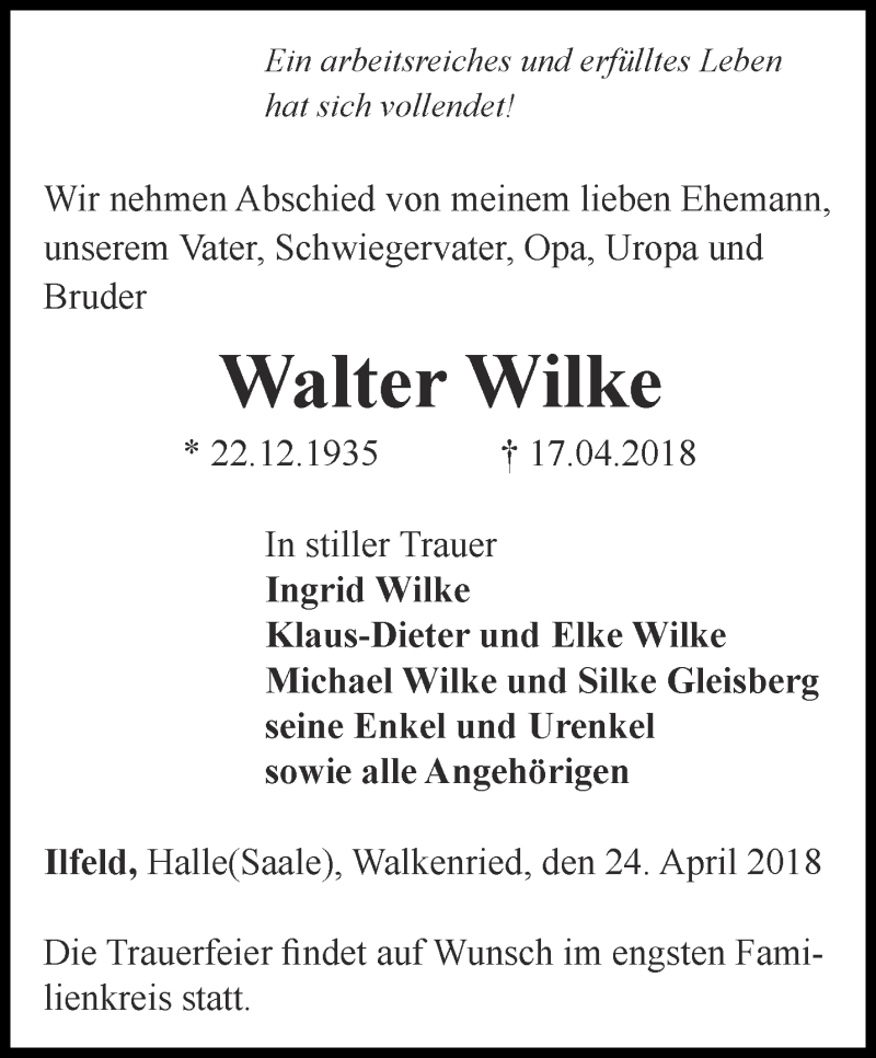 Traueranzeigen Von Walter Wilke Trauer In Thueringen De