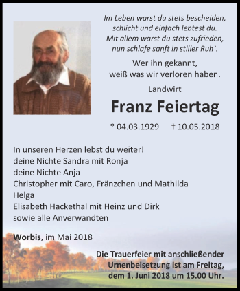 Traueranzeige von Franz Feiertag von Thüringer Allgemeine