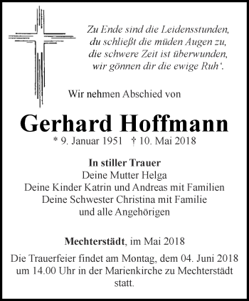 Traueranzeige von Gerhard Hoffmann von Ostthüringer Zeitung, Thüringische Landeszeitung