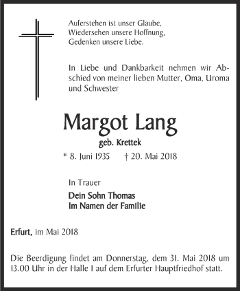 Traueranzeige von Margot Lang von Thüringer Allgemeine, Thüringische Landeszeitung