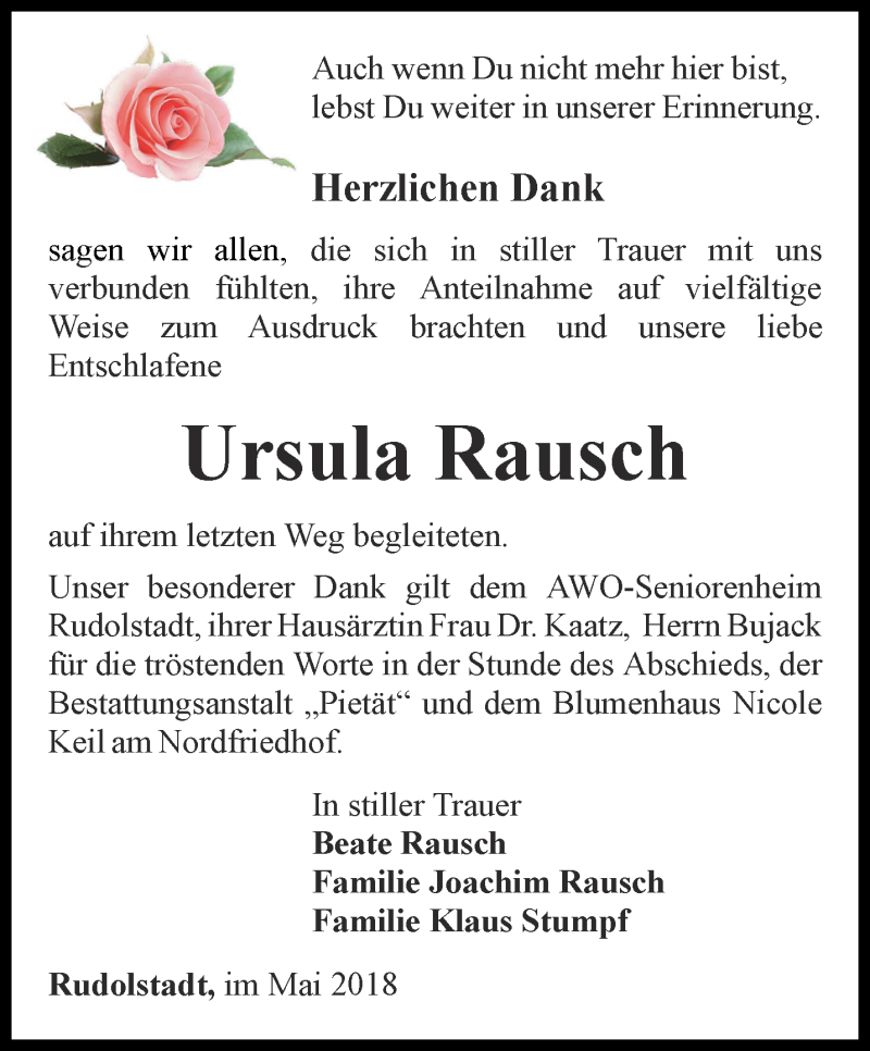 Traueranzeigen Von Ursula Rausch Trauer In Thueringen De