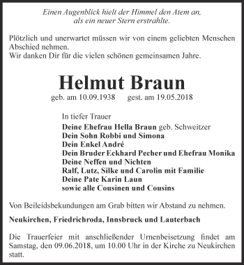 Traueranzeige von Helmut Braun von Thüringer Allgemeine, Thüringische Landeszeitung