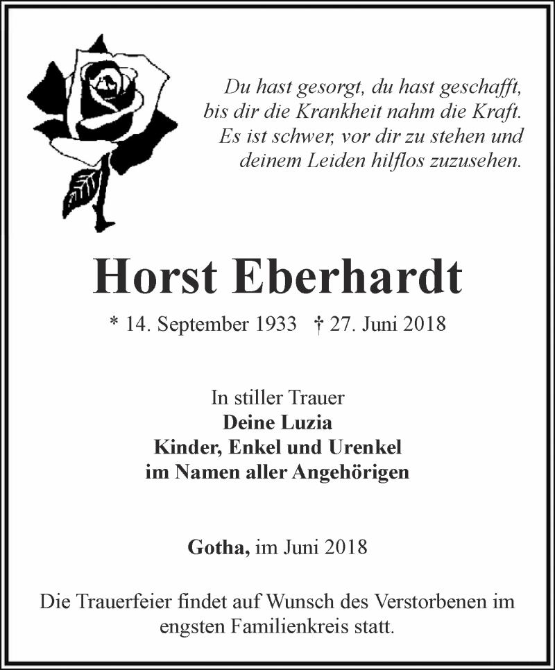 Traueranzeigen Von Horst Eberhardt Trauer In Thueringen De