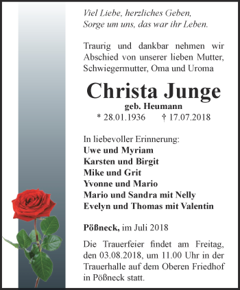 Traueranzeigen Von Christa Junge Trauer In Thueringen De