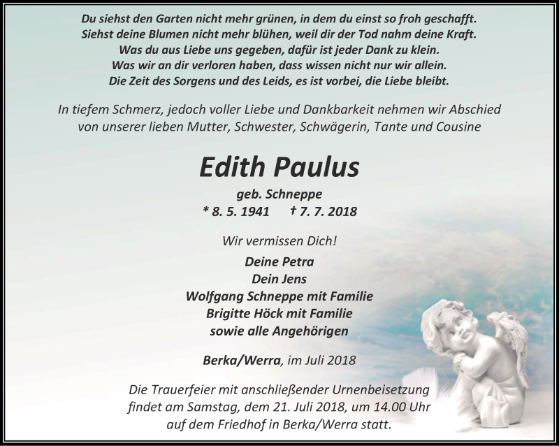 Traueranzeigen Von Edith Paulus Trauer In Thueringen De