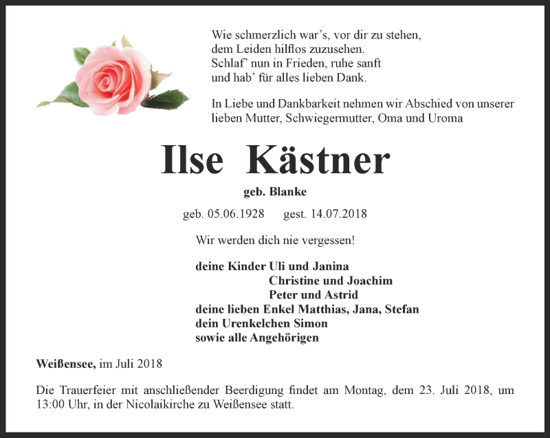 Traueranzeigen Von Ilse K Stner Trauer In Thueringen De