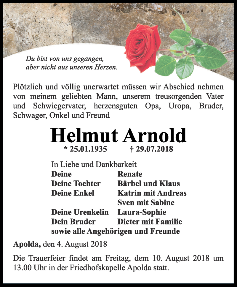 Traueranzeigen Von Helmut Arnold Trauer In Thueringen De