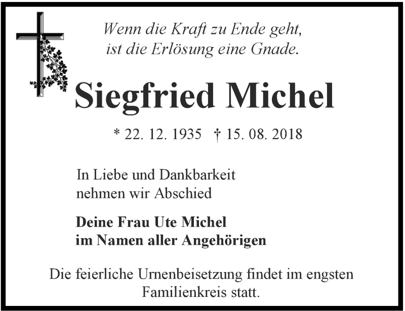 Traueranzeigen Von Siegfried Michel Trauer In Thueringen De