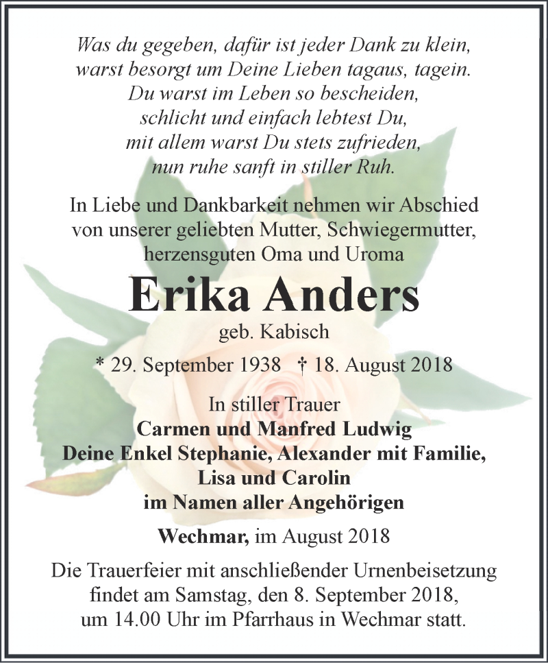 Traueranzeigen Von Erika Anders Trauer In Thueringen De