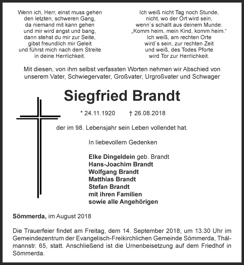 Traueranzeigen Von Siegfried Brandt Trauer In Thueringen De